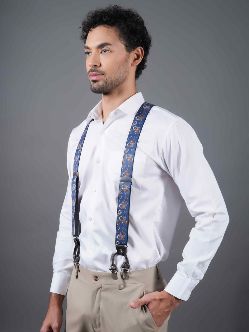 Blue Paisley Suspender with Vegan Leather Patch - TOSSIDO