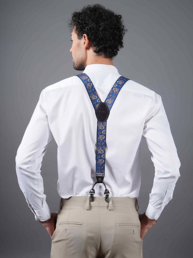 Blue Paisley Suspender with Vegan Leather Patch - TOSSIDO