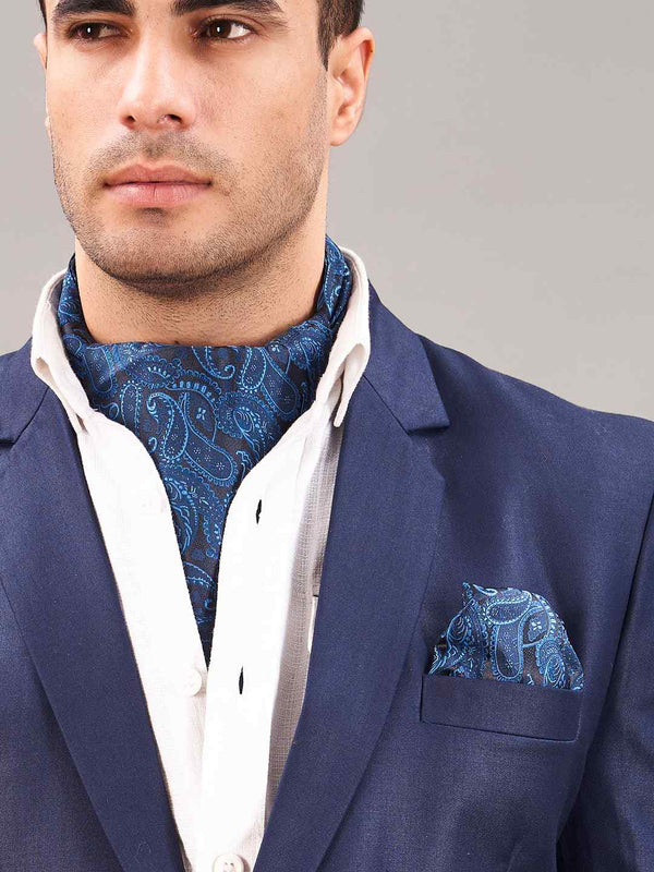 Blue Paisley Woven Ascot & Pocket Square - TOSSIDO