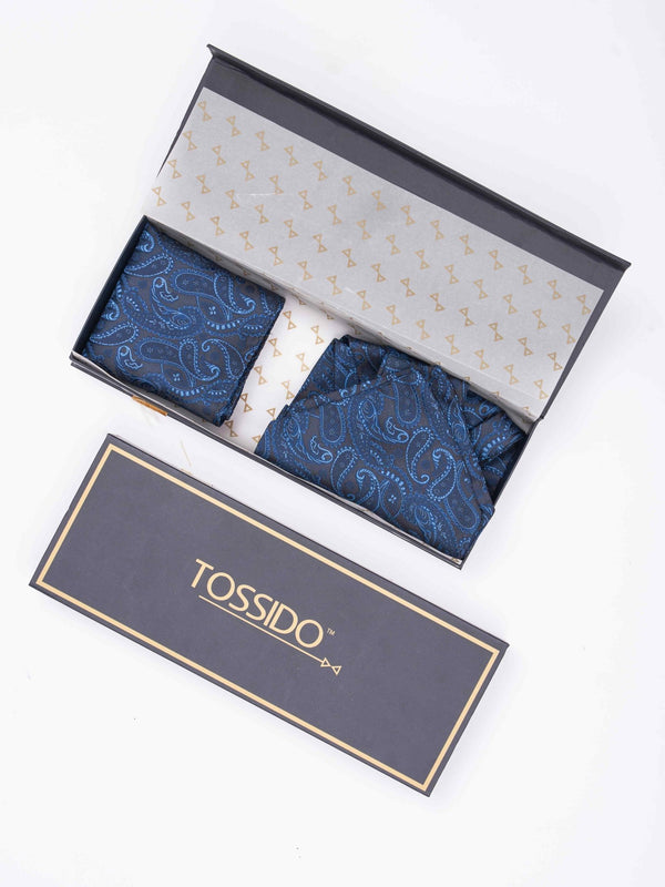 Blue Paisley Woven Ascot & Pocket Square - TOSSIDO