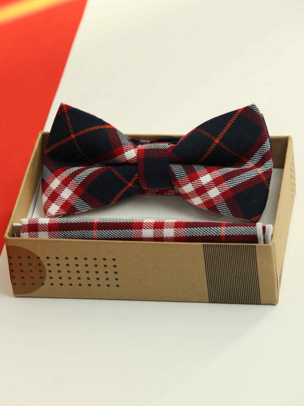 Blue & Red Check Bowtie & Pocket Square Set - TOSSIDO