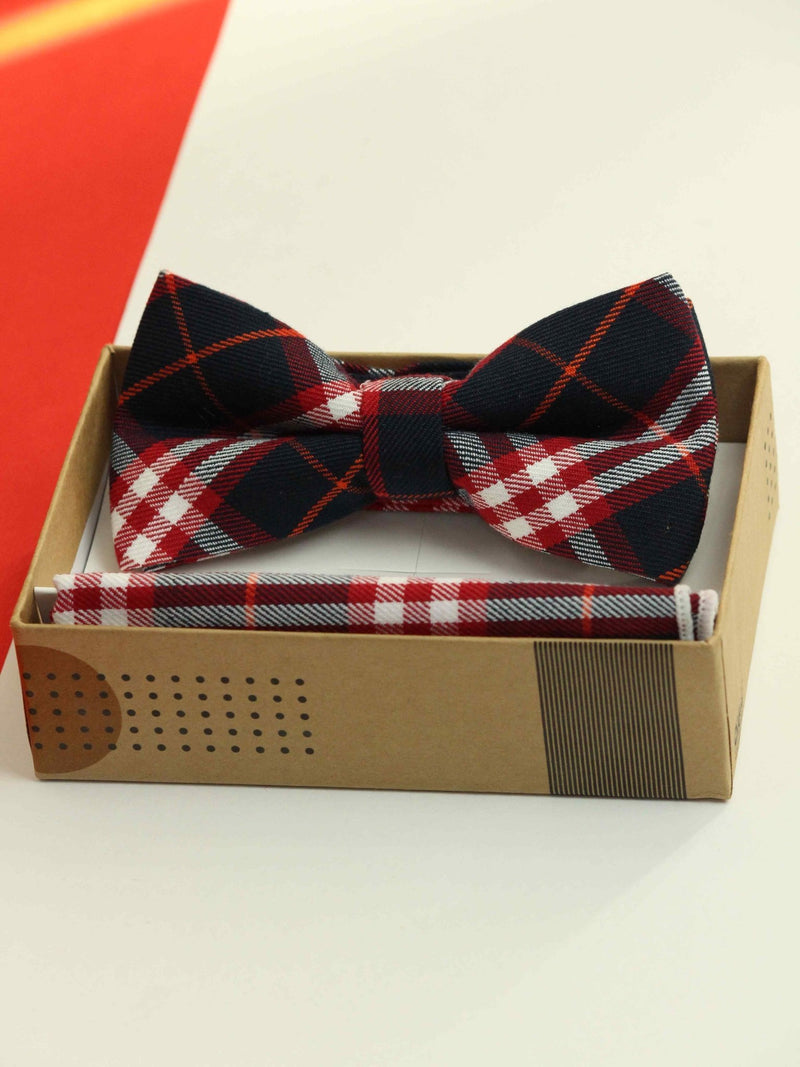 Blue & Red Check Bowtie & Pocket Square Set - TOSSIDO