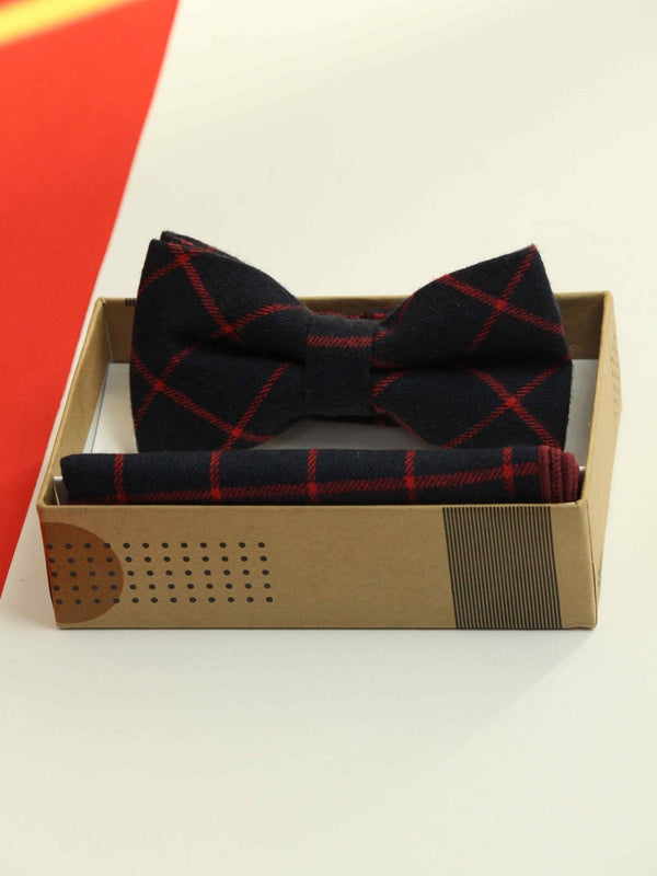Blue & Red Check Bowtie & Pocket Square Set - TOSSIDO