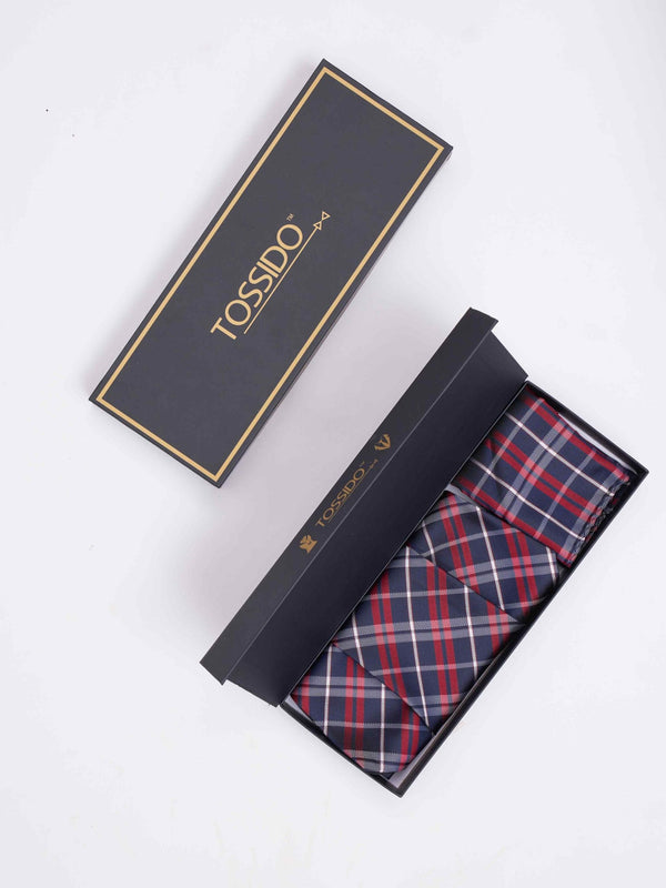 Blue & Red Check Woven Cravat & Pocket Square Set - TOSSIDO