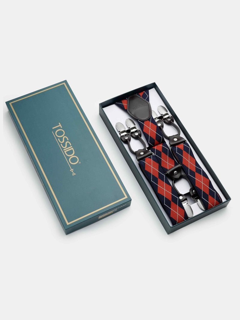 Blue & Red Checkered Suspender with Vegan Leather Patch - TOSSIDO