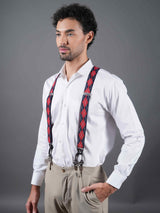 Blue & Red Checkered Suspender with Vegan Leather Patch - TOSSIDO