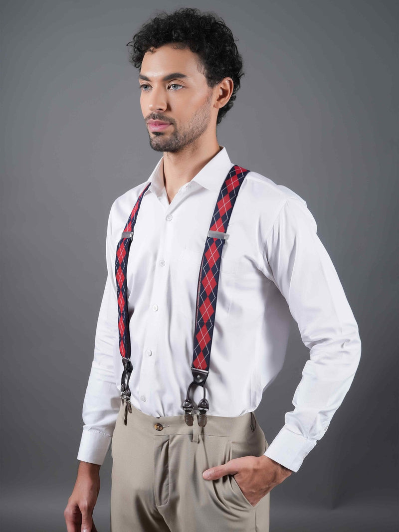 Blue & Red Checkered Suspender with Vegan Leather Patch - TOSSIDO