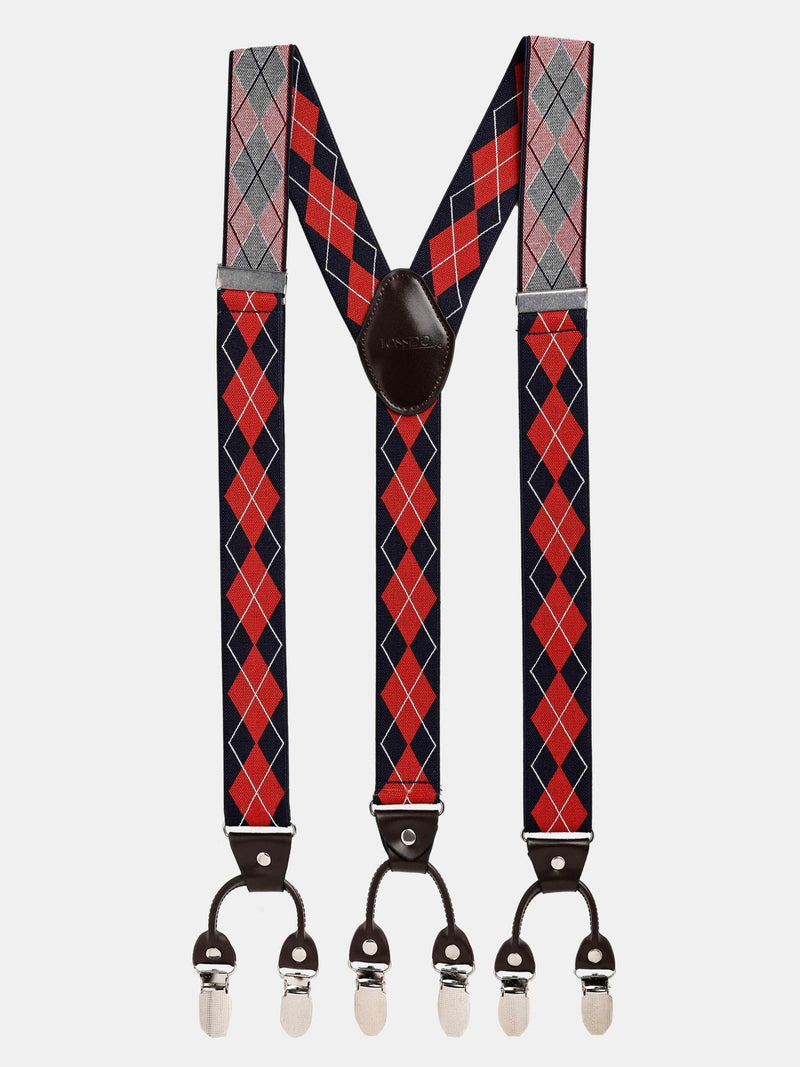 Blue & Red Checkered Suspender with Vegan Leather Patch - TOSSIDO