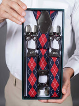 Blue & Red Checkered Suspender with Vegan Leather Patch - TOSSIDO