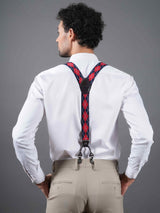 Blue & Red Checkered Suspender with Vegan Leather Patch - TOSSIDO