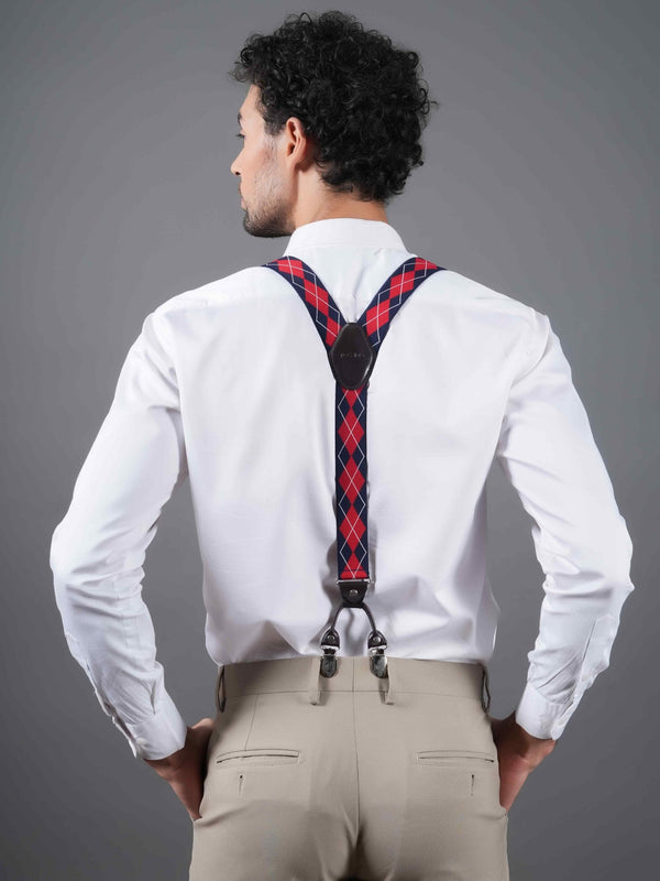 Blue & Red Checkered Suspender with Vegan Leather Patch - TOSSIDO