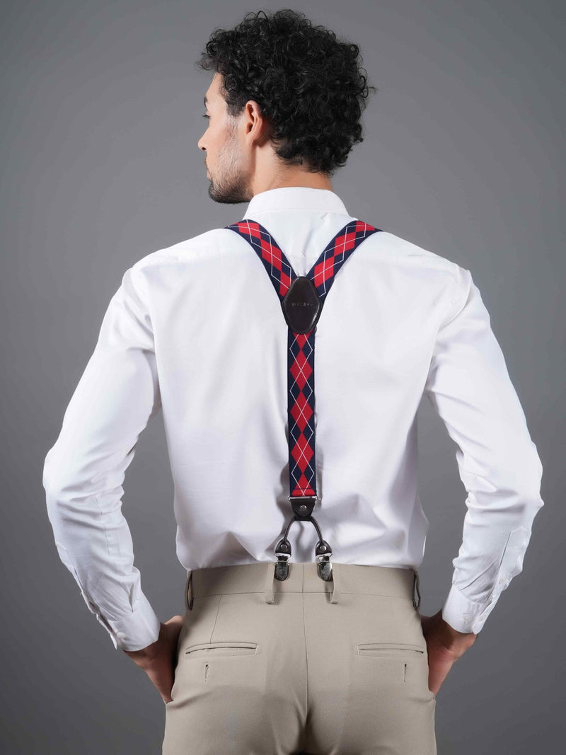 Blue & Red Checkered Suspender with Vegan Leather Patch - TOSSIDO
