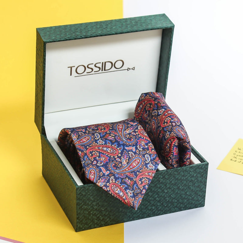 Blue & Red Paisley Printed Necktie & Pocket Square Giftset - TOSSIDO