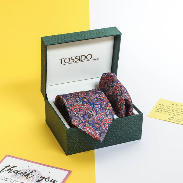 Blue & Red Paisley Printed Necktie & Pocket Square Giftset - TOSSIDO