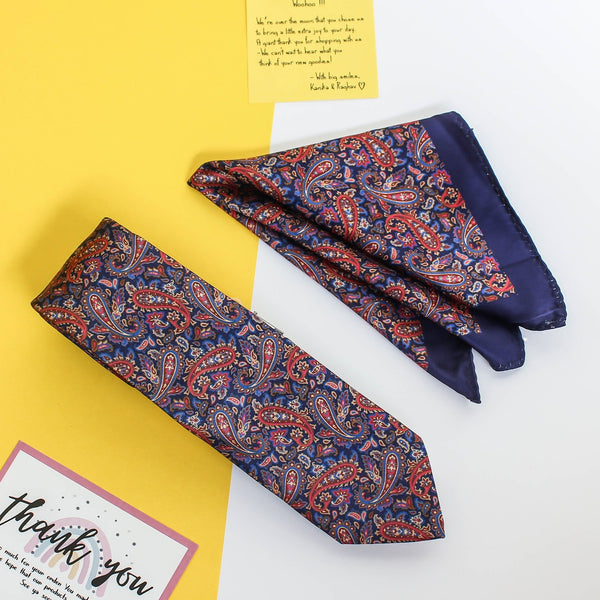 Blue & Red Paisley Printed Necktie & Pocket Square Giftset - TOSSIDO