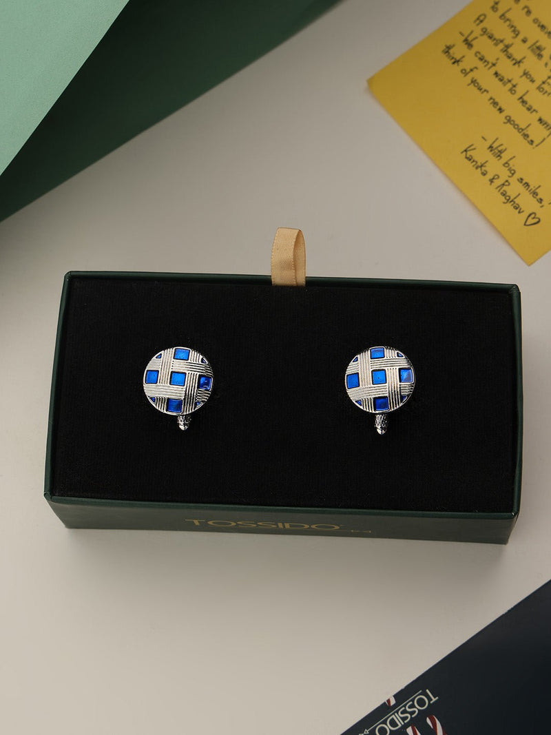 Blue & Silver Check Cufflinks - TOSSIDO