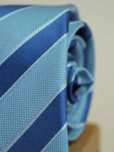 Blue stripe necktie in woven microfiber, tied view