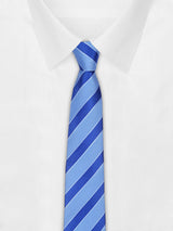 Blue stripe necktie in woven microfiber, tied view