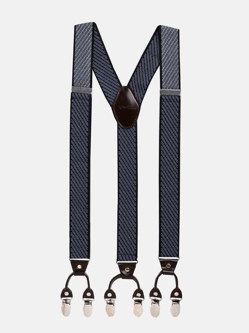 Blue Striped Elastic Suspender with Vegan Leather Patch - TOSSIDO