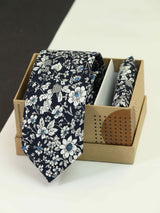 Blue & White Floral Necktie & Pocket Square Giftset - TOSSIDO