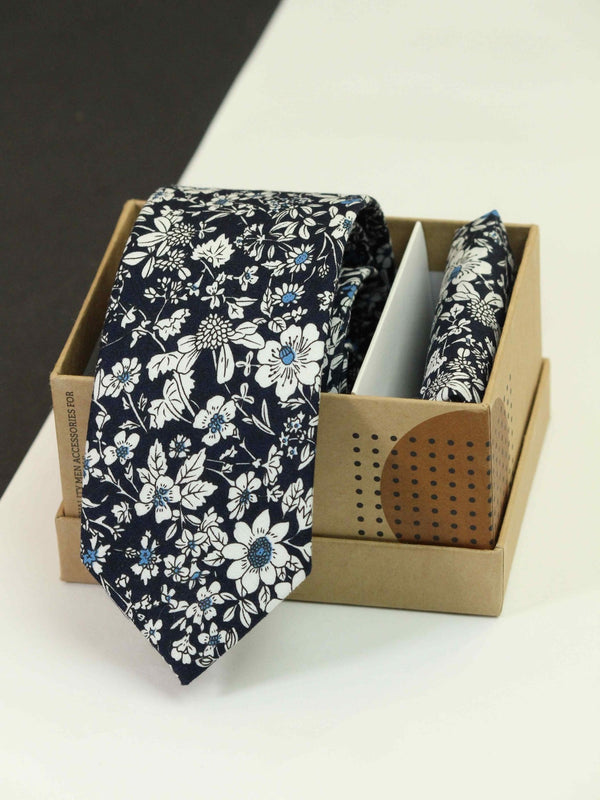 Blue & White Floral Necktie & Pocket Square Giftset - TOSSIDO