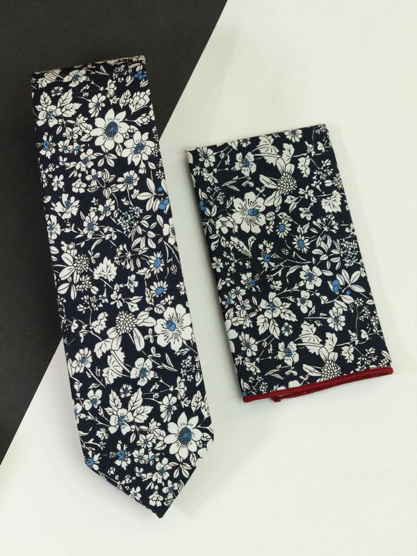 Blue & White Floral Necktie & Pocket Square Giftset - TOSSIDO