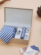 Blue & White Striped Necktie Pocket Square Brooch & Cufflinks Giftset