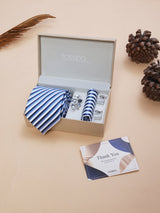 Blue & White Striped Necktie Pocket Square Brooch & Cufflinks Giftset
