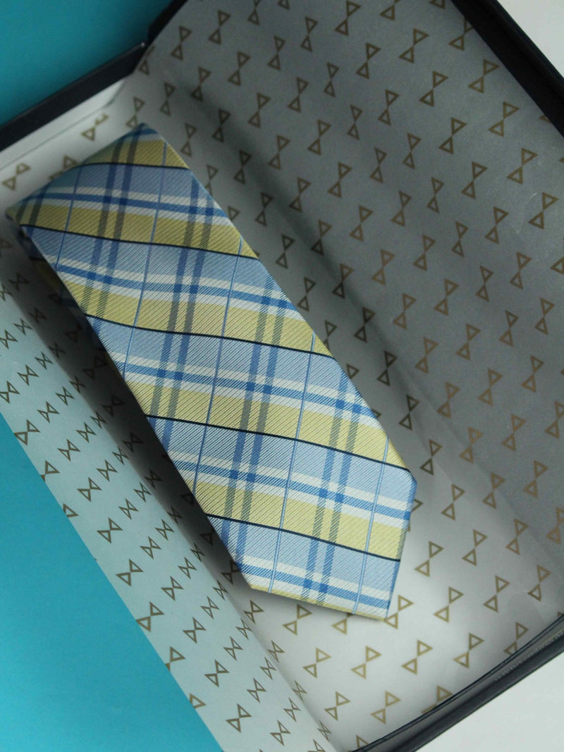 Blue & Yellow Check Woven Silk Necktie - TOSSIDO