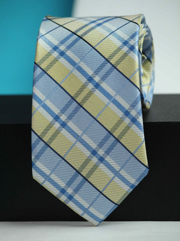 Blue & Yellow Check Woven Silk Necktie - TOSSIDO