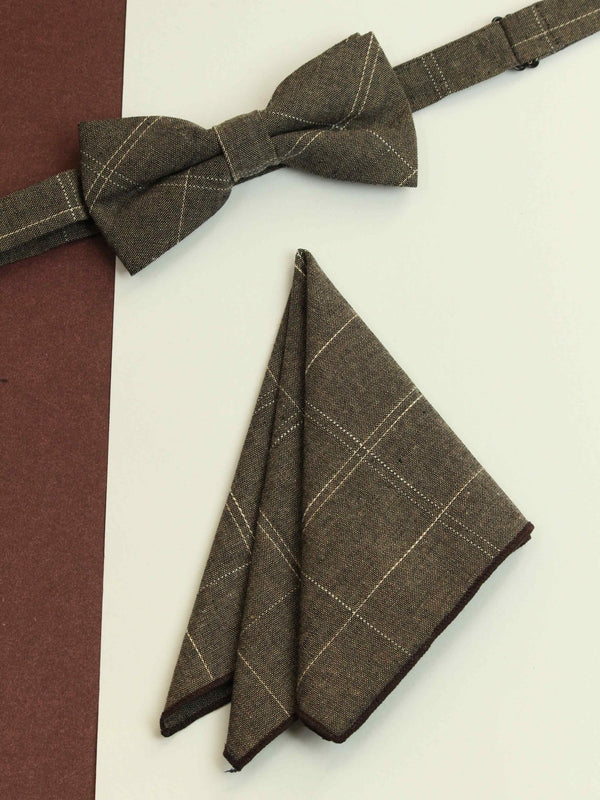Brown Check Bowtie & Pocket Square Set - TOSSIDO