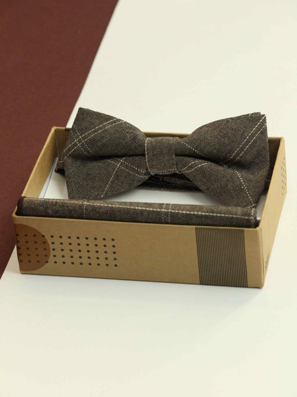 Brown Check Bowtie & Pocket Square Set - TOSSIDO