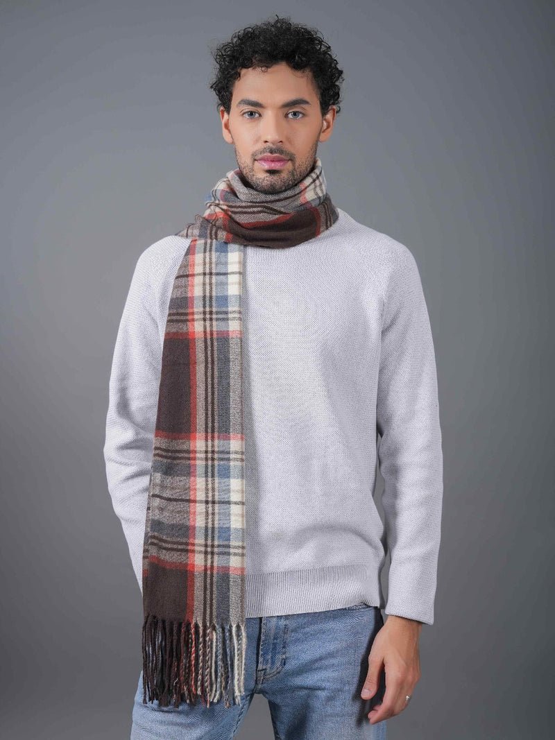 Brown, Cream & Blue Checkered Poly - Wool Muffler - TOSSIDO
