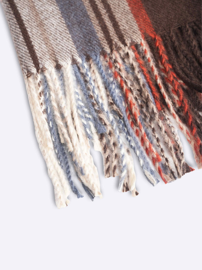 Brown, Cream & Blue Checkered Poly - Wool Muffler - TOSSIDO