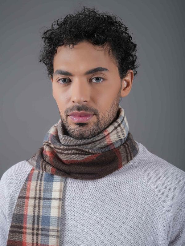 Brown, Cream & Blue Checkered Poly - Wool Muffler - TOSSIDO