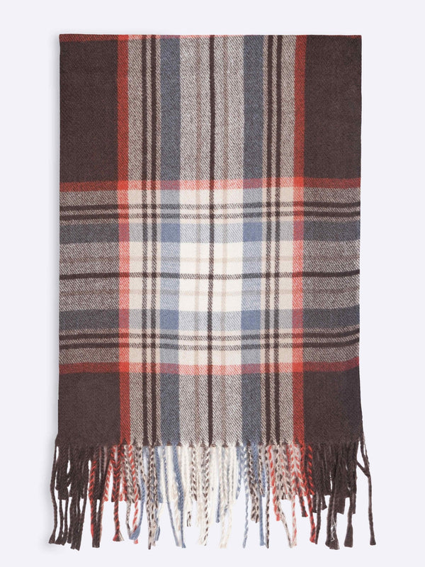 Brown, Cream & Blue Checkered Poly - Wool Muffler - TOSSIDO