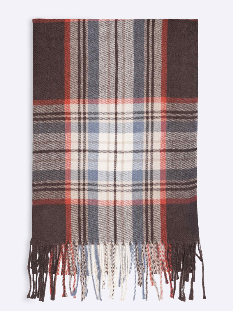 Brown, Cream & Blue Checkered Poly - Wool Muffler - TOSSIDO