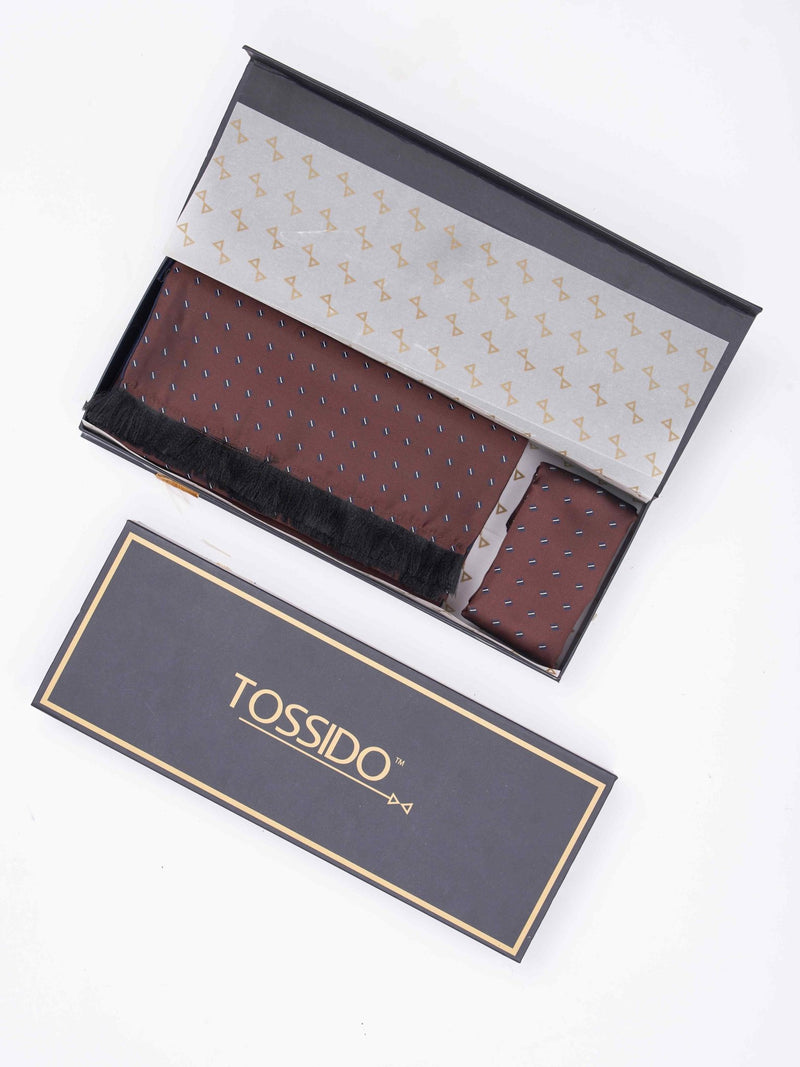 Brown Geometric Reversible Stole & Pocket Square Set - TOSSIDO
