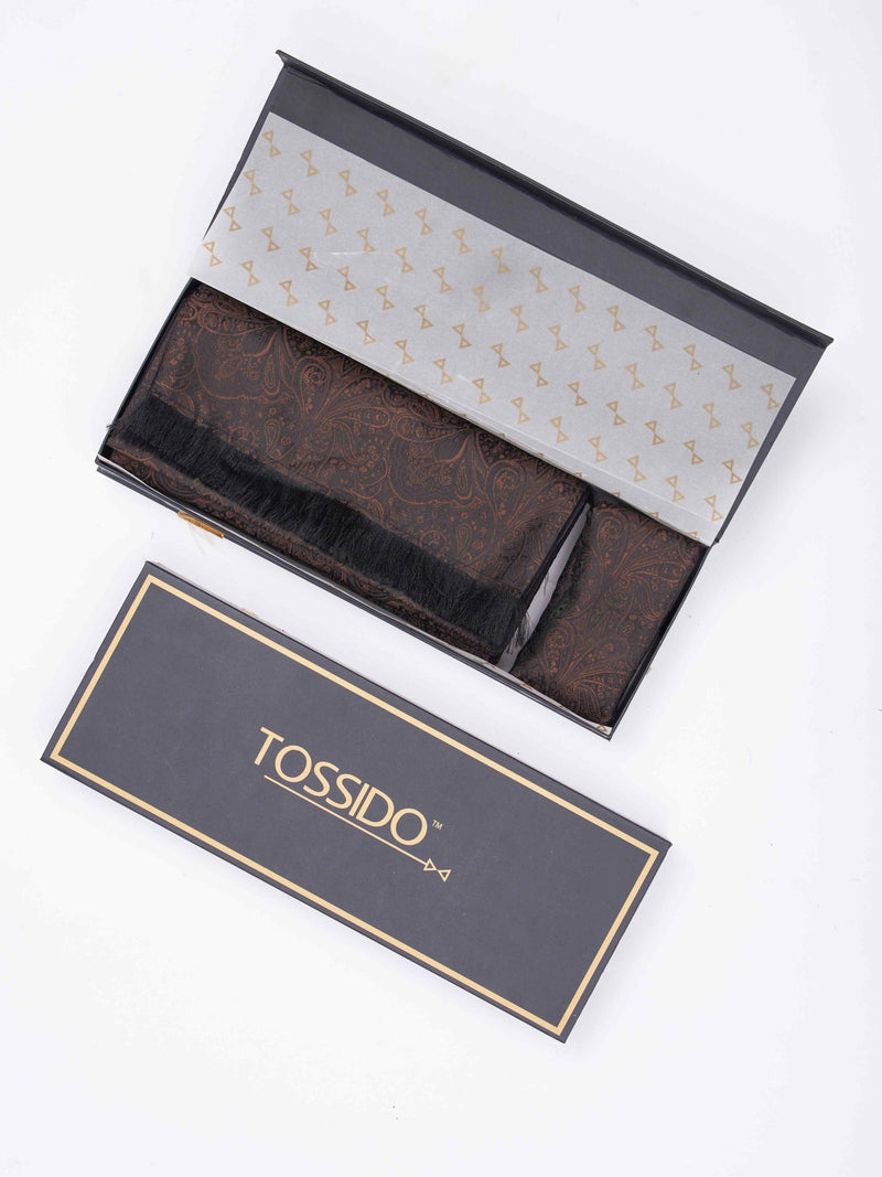 Brown Paisley Reversible Stole & Pocket Square Set - TOSSIDO