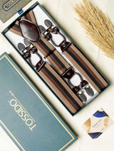 Brown Stripes Elastic Suspender with Brown Leather Trims - TOSSIDO