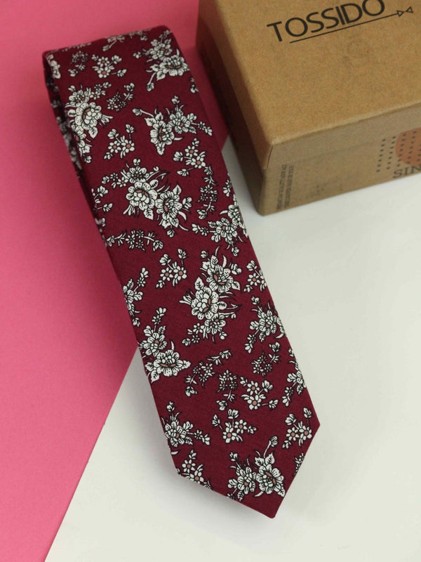 Burgundy Floral Skinny Necktie - TOSSIDO