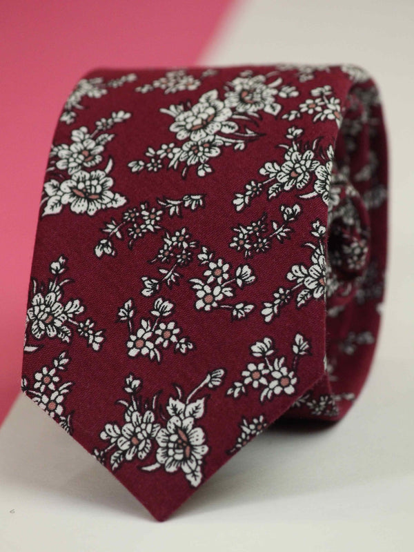 Burgundy Floral Skinny Necktie - TOSSIDO