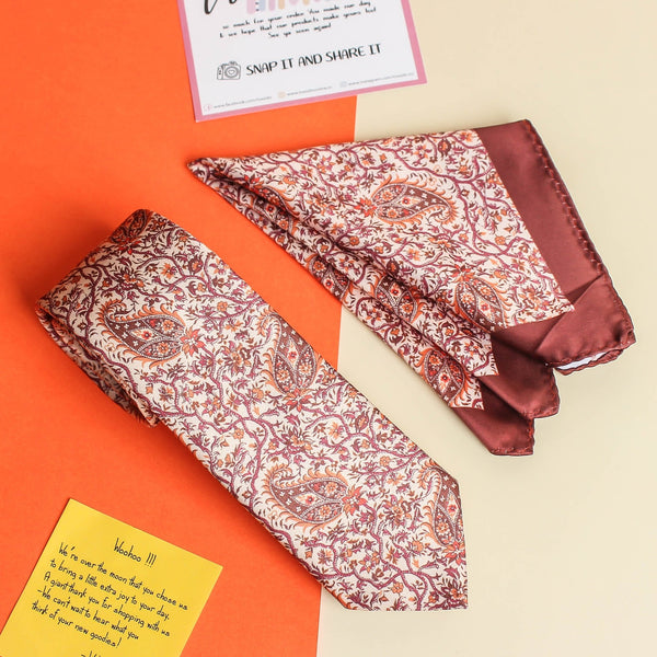 Burnt Red Floral Printed Necktie & Pocket Square Giftset - TOSSIDO
