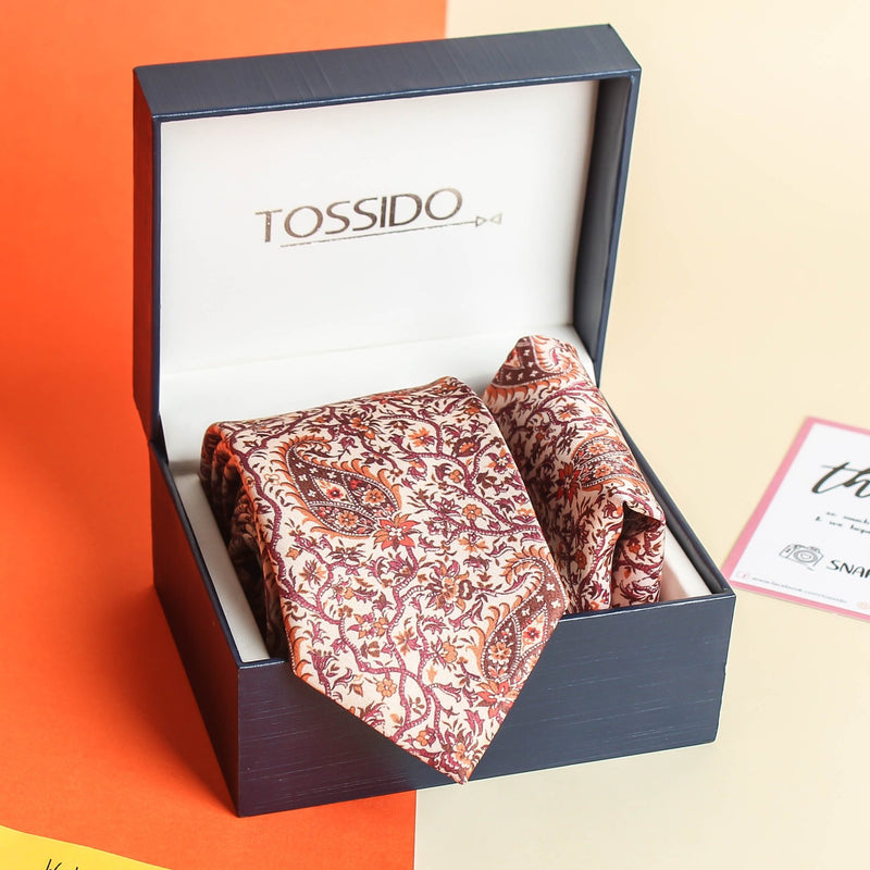 Burnt Red Floral Printed Necktie & Pocket Square Giftset - TOSSIDO
