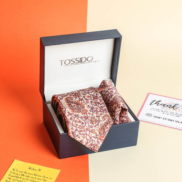 Burnt Red Floral Printed Necktie & Pocket Square Giftset - TOSSIDO