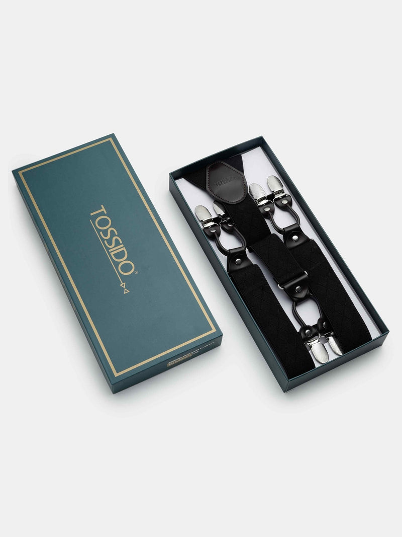 Classic Black Elastic Suspender with Vegan Leather Patch - TOSSIDO