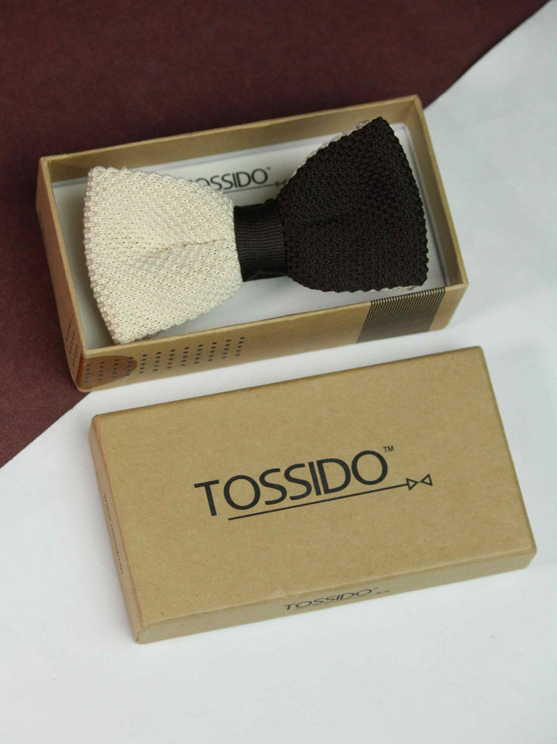 Cream & Dark Brown Dual - Tone Knitted Bow Tie - TOSSIDO