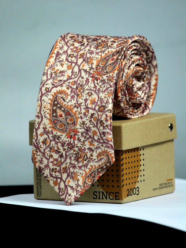 Cream Paisley Printed Necktie - TOSSIDO