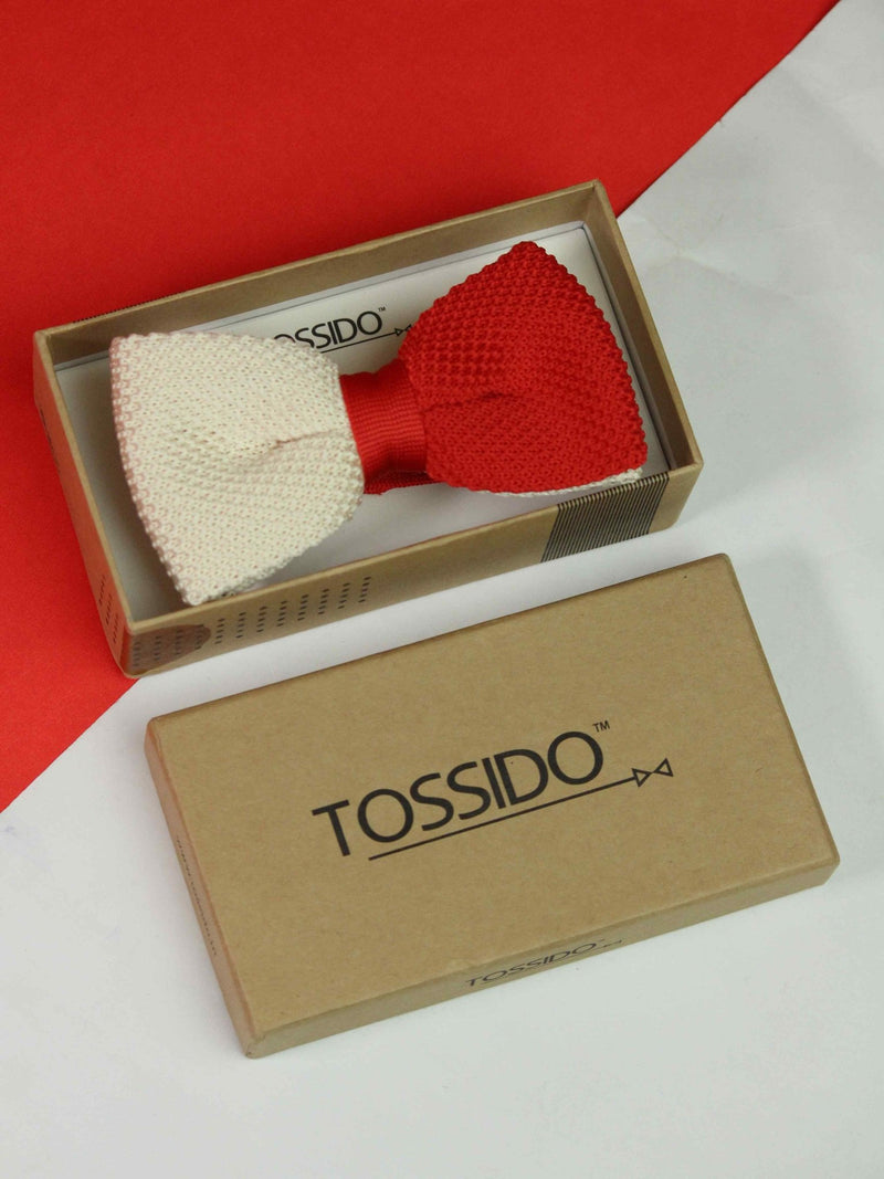 Cream & Red Dual - Tone Knitted Bow Tie - TOSSIDO