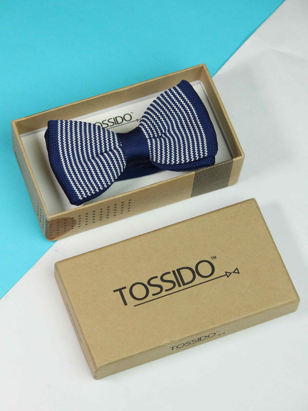 Dark Blue Base & Multiple White Striped Knitted Bow Tie - TOSSIDO
